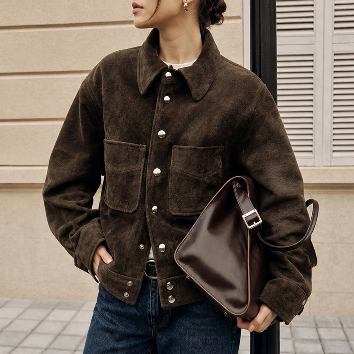 Coffee Solid Single Breasted Pocket Jacket