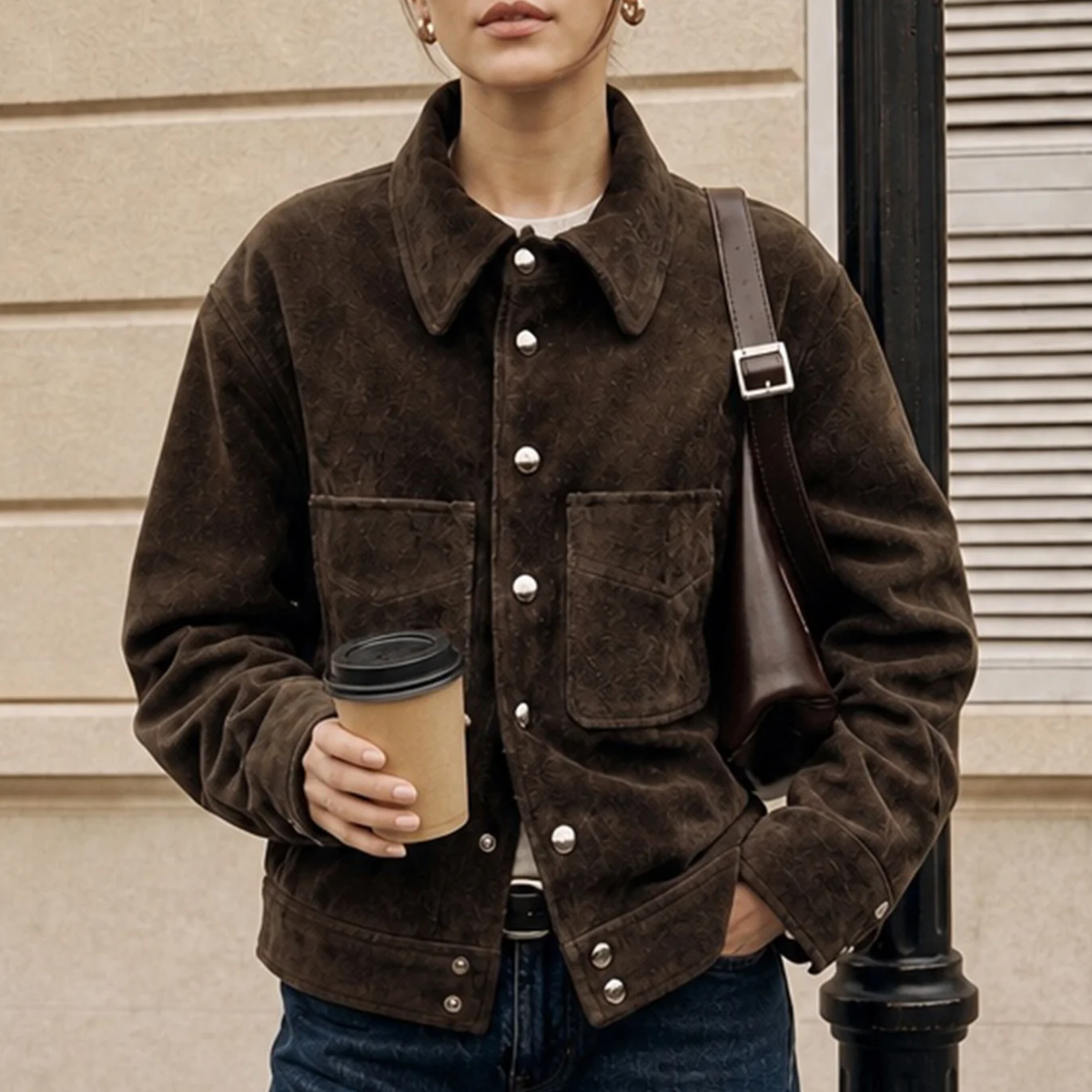 Coffee Solid Single Breasted Pocket Jacket