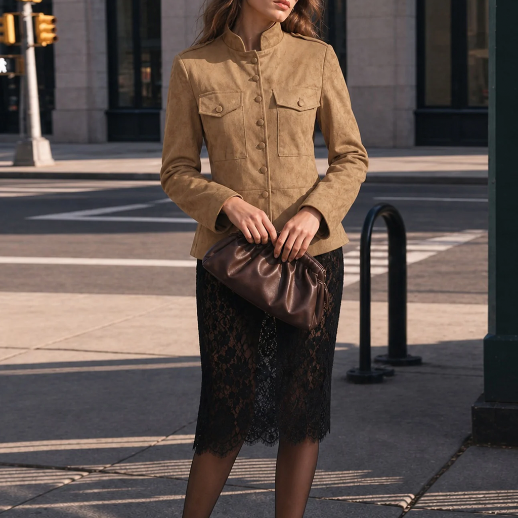Khaki Solid Single Breasted Pocket Jacket