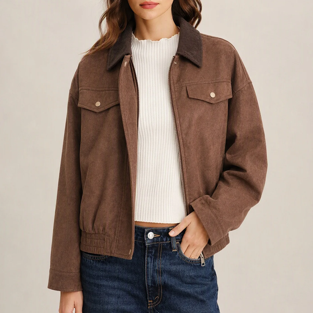 Brown Solid Zipper And Button Jacket