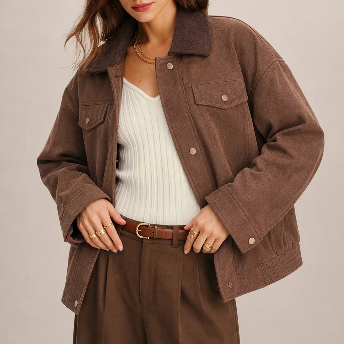 Brown Solid Zipper And Button Jacket