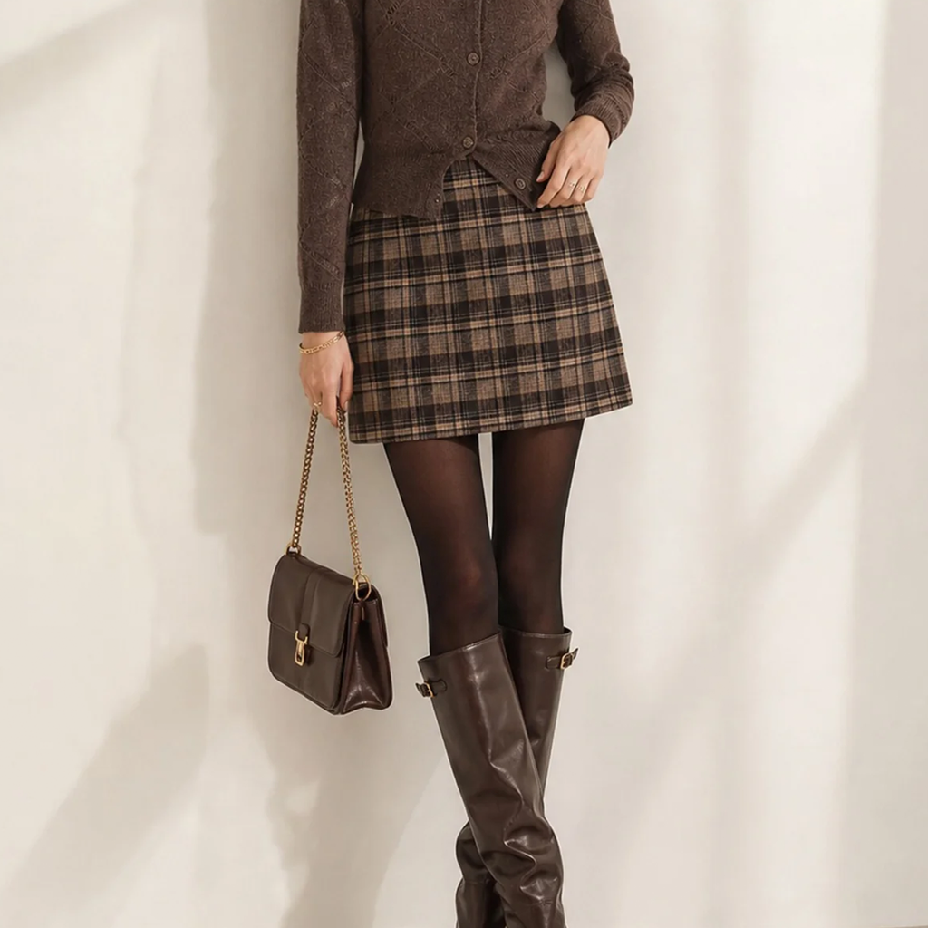 Brown Plaid Elastic Waist A-Line Mini Skirt