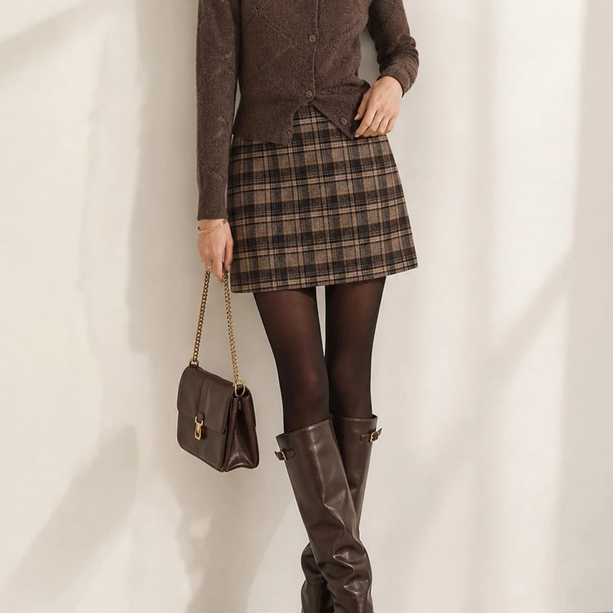 Brown Plaid Elastic Waist A-Line Mini Skirt