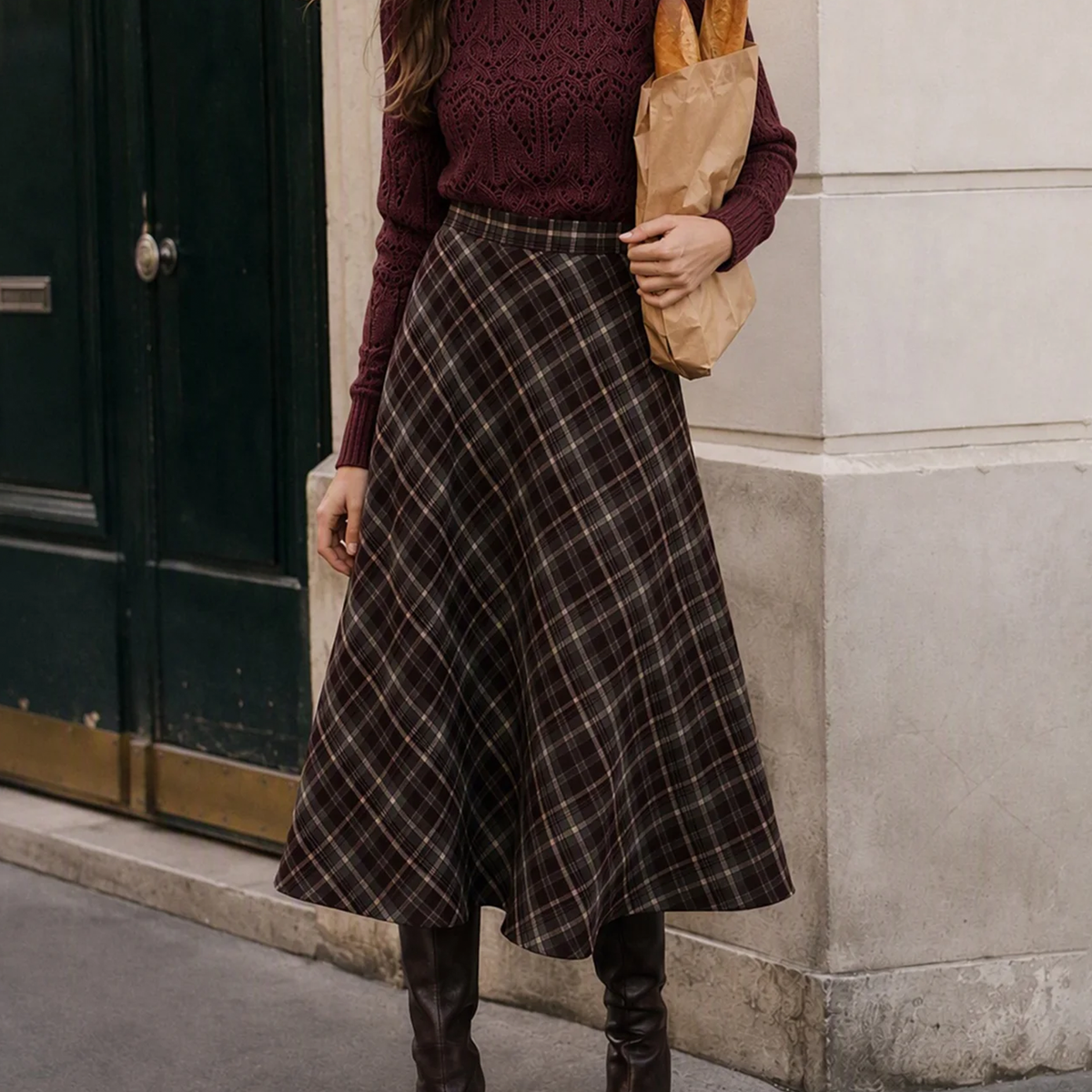 Wine Red Plaid Elastic Waist A-Line Midi Skirt