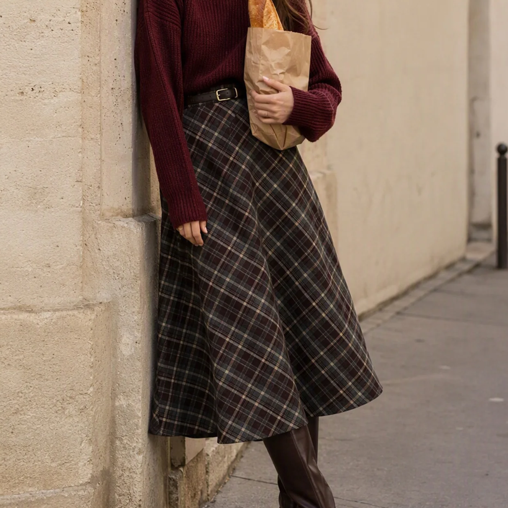Wine Red Plaid Elastic Waist A-Line Midi Skirt