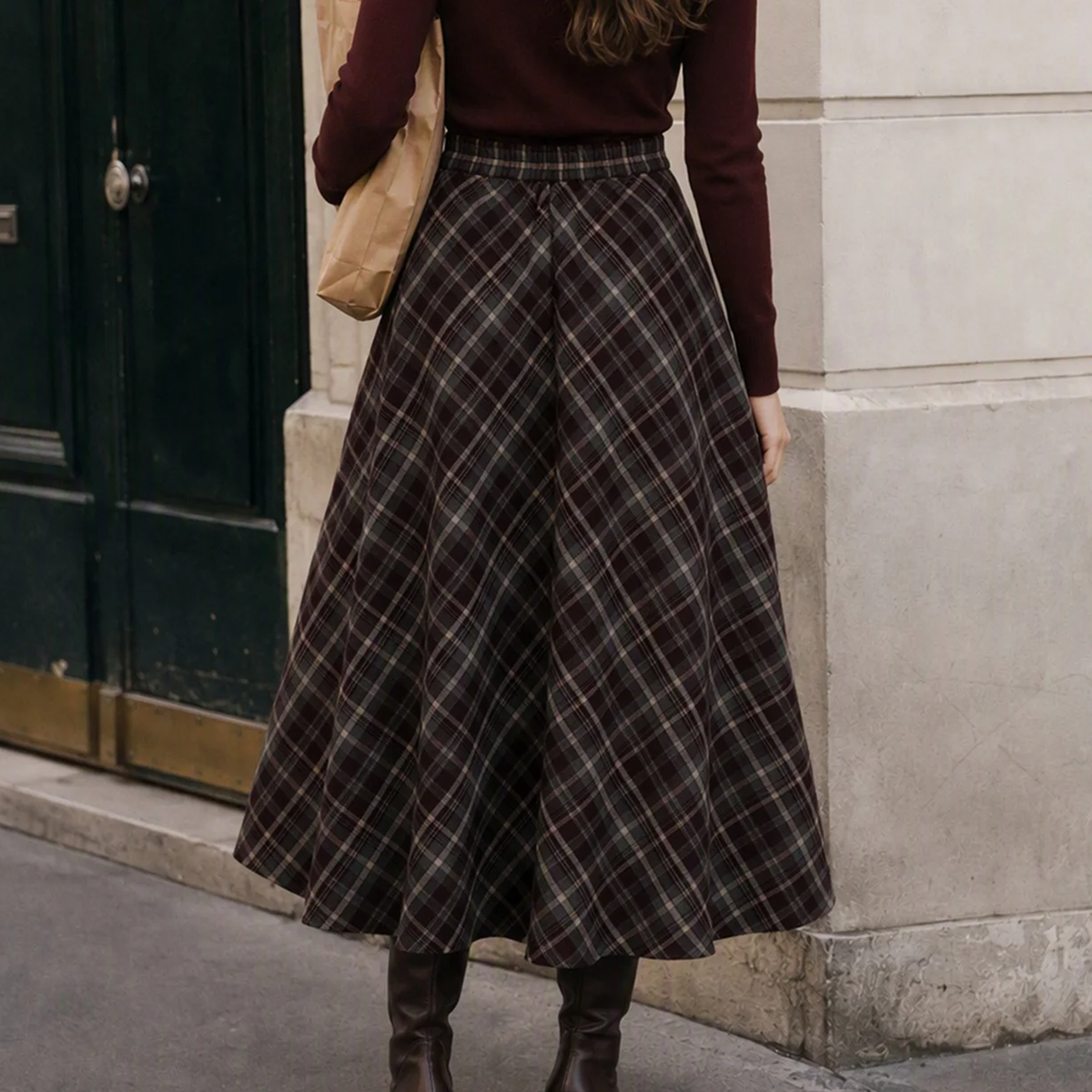 Wine Red Plaid Elastic Waist A-Line Midi Skirt